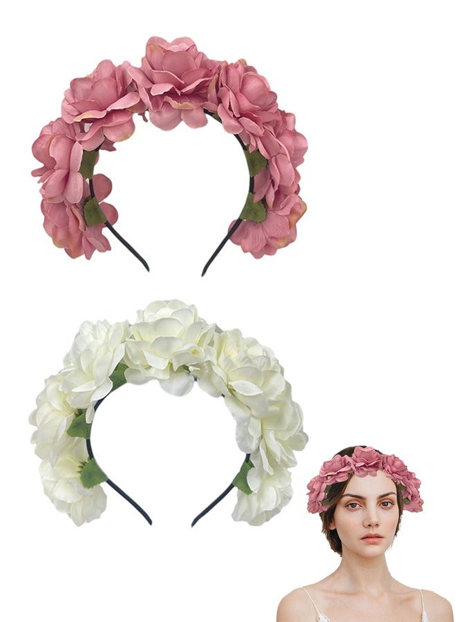 2 Pcs Rose Flower Crown Rose Crown Wreath Flower Garland Headband Wedding Hair Wreath Floral Headpiece, Hairband for Women and Teen Girls (White+Pink) - Image 1