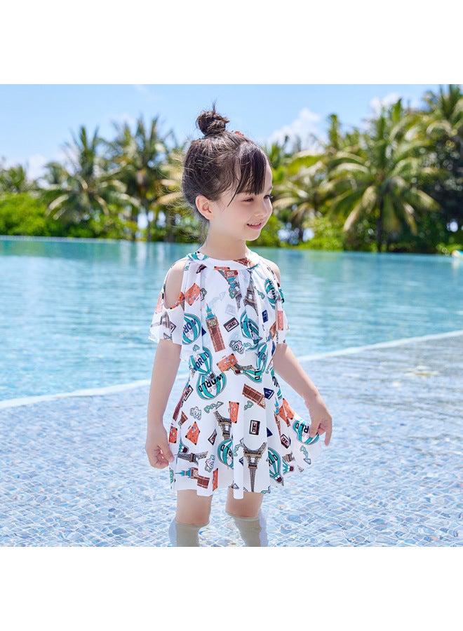 Parent-child Swimsuit Mother And Daughter Conservative One-piece Dress Super Fairy Swimsuit Slimming Meat Covering Small Medium And Large Girls Swimsuit-Color:Children's Beige + Swimming Cap- - Image 4