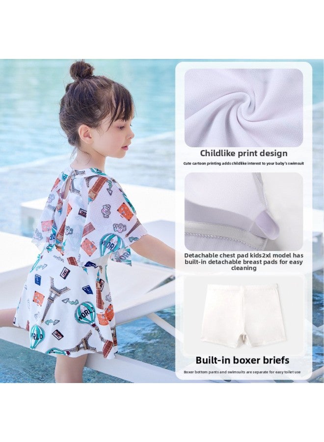 Parent-child Swimsuit Mother And Daughter Conservative One-piece Dress Super Fairy Swimsuit Slimming Meat Covering Small Medium And Large Girls Swimsuit-Color:Children's Beige + Swimming Cap- - Image 5