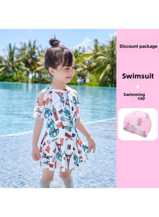 Parent-child Swimsuit Mother And Daughter Conservative One-piece Dress Super Fairy Swimsuit Slimming Meat Covering Small Medium And Large Girls Swimsuit-Color:Children's Beige + Swimming Cap- - Image 1