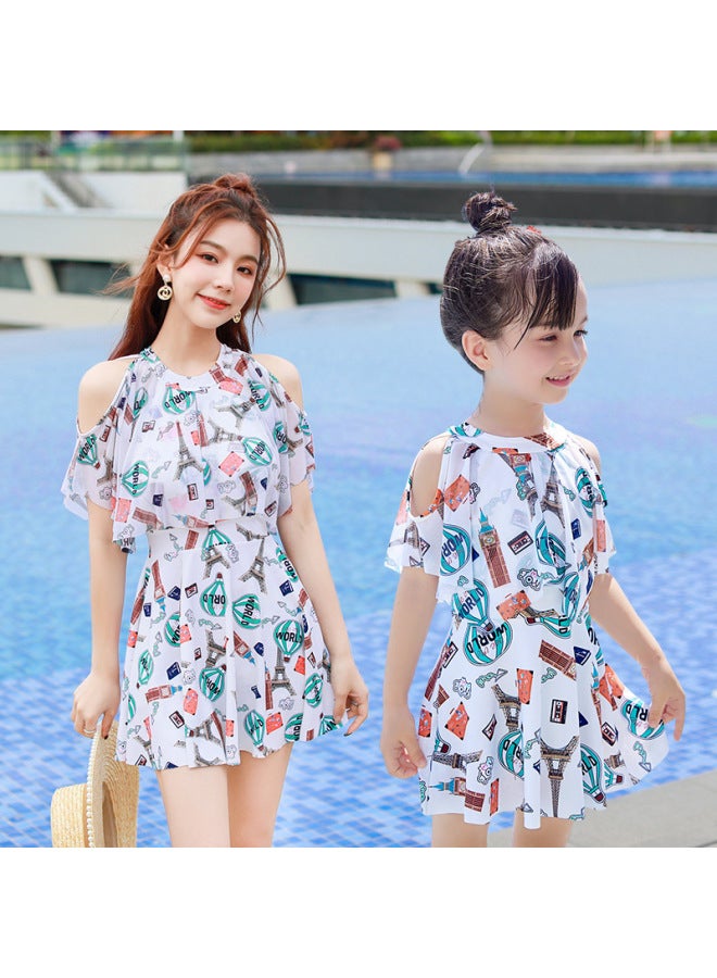 Parent-child Swimsuit Mother And Daughter Conservative One-piece Dress Super Fairy Swimsuit Slimming Meat Covering Small Medium And Large Girls Swimsuit-Color:Children's Beige + Swimming Cap- - Image 2