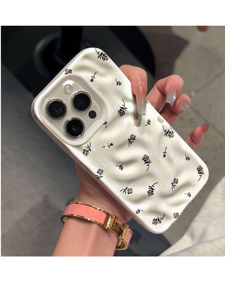 NIBEMINENT Full Screen Black Roses Protective TPU Case Cover For iPhone 15 Pro, White