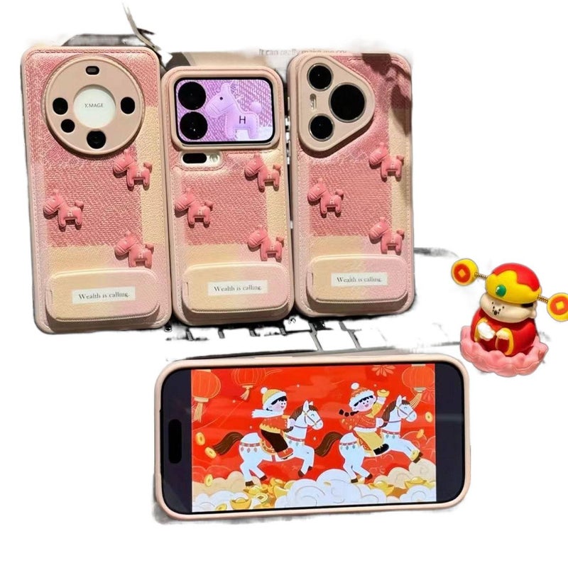 TPU Protective Case for HONOR 400 Pro with Kickstand and Color Block Splicing plus Three Little Pink Horses Pattern plus Candy Air Cushion in Pink - Image 5