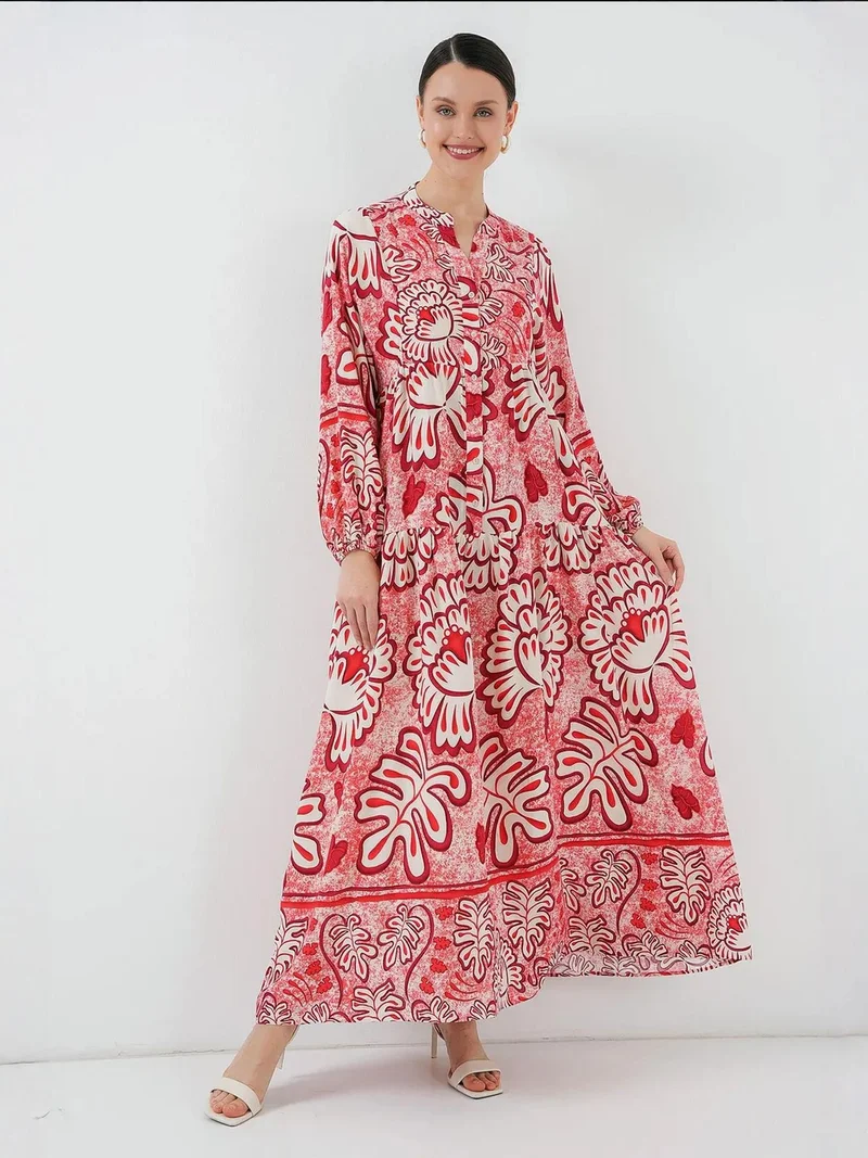 BIG DART BDART Printed V-Neck Maxi Dress with Button Closure