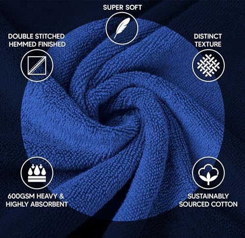 YRALY Luxury Towels for Bathroom Set of 8-2 Bath Towels 2 Hand Towels 4 Washcloths - 600 GSM 100% Cotton Ring Spun Viscose Border Towels Set - Royal Blue - Image 2