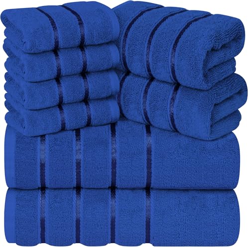 YRALY Luxury Towels for Bathroom Set of 8-2 Bath Towels 2 Hand Towels 4 Washcloths - 600 GSM 100% Cotton Ring Spun Viscose Border Towels Set - Royal Blue - Image 1