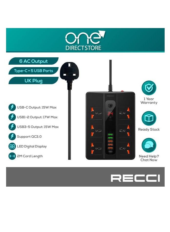 Recci PD+QC UK Plug Power Socket (6 AC Outlets, Type-C + 5 USB Ports  - Image 5