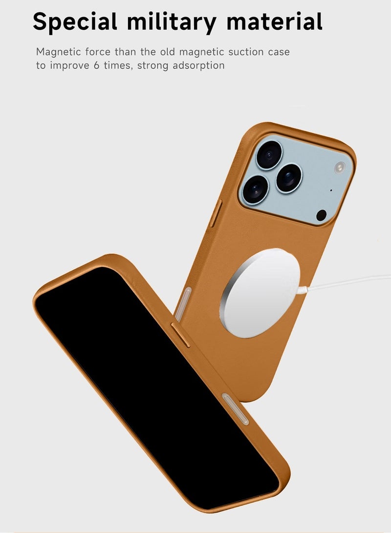 Wtech Apple iPhone 17 Pro 5G 2025 Luxury Leather Magnetic Wireless Charging Case Original MagSafe Shockproof Case Cover (MCMPMN) - Peachy Orange - Image 3