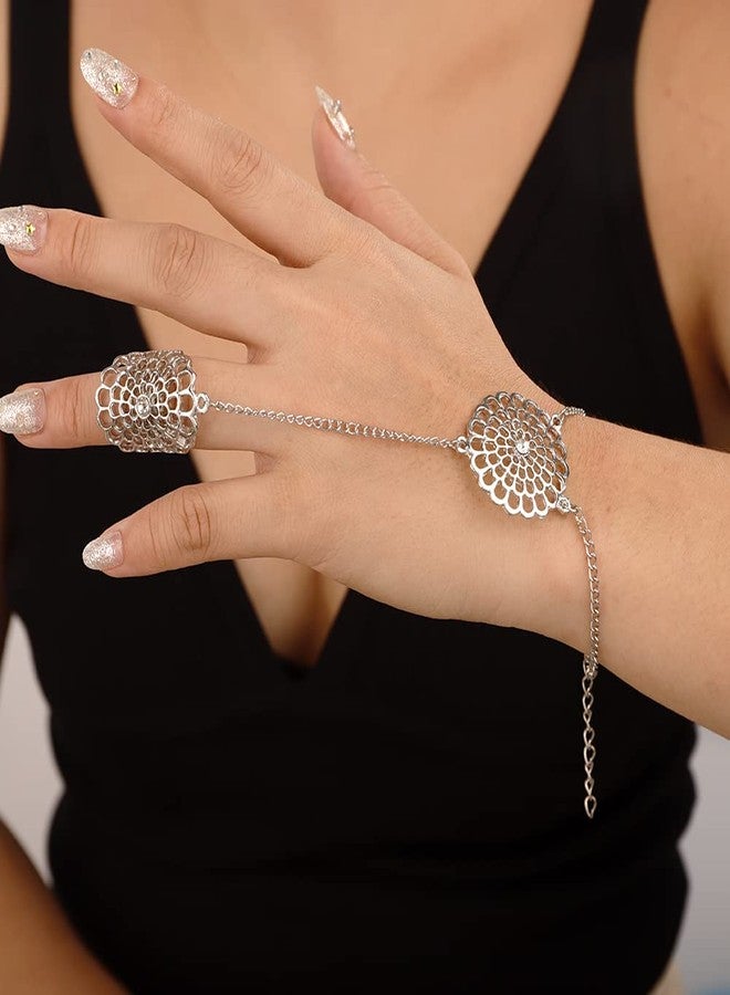 Wiwpar Crystal Silver Finger Ring Bracelet Slave Chain Tassel Finger Ring Hand Harness Chain Bracelet Gifts for Women (silver) - Image 2