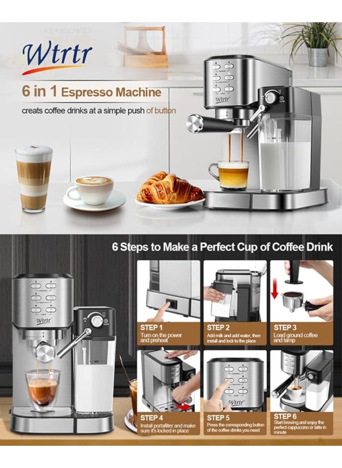Wtrtr - Wtrtr 6-in-1 Espresso Coffee Machine Built-In Automatic Milk Frother, Equipped with 20 Bar High Pressure Pump and Powerful Steam System, Espresso & Cappuccino & Latte Maker with Removeable Water Tank. (2 years Warranty) - Image 1