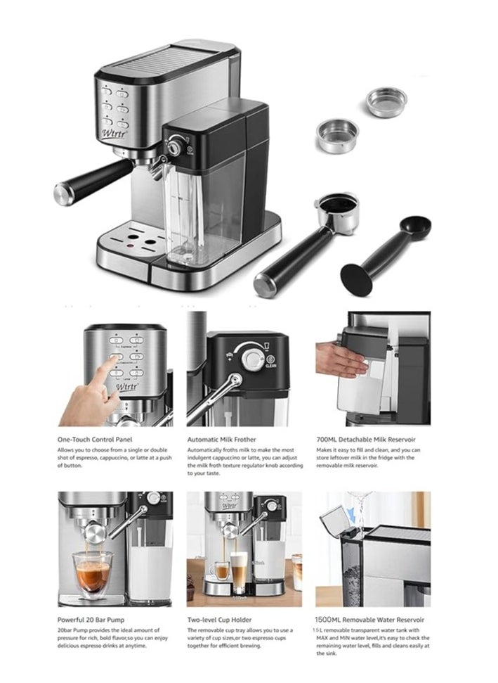 Wtrtr - Wtrtr 6-in-1 Espresso Coffee Machine Built-In Automatic Milk Frother, Equipped with 20 Bar High Pressure Pump and Powerful Steam System, Espresso & Cappuccino & Latte Maker with Removeable Water Tank. (2 years Warranty) - Image 1