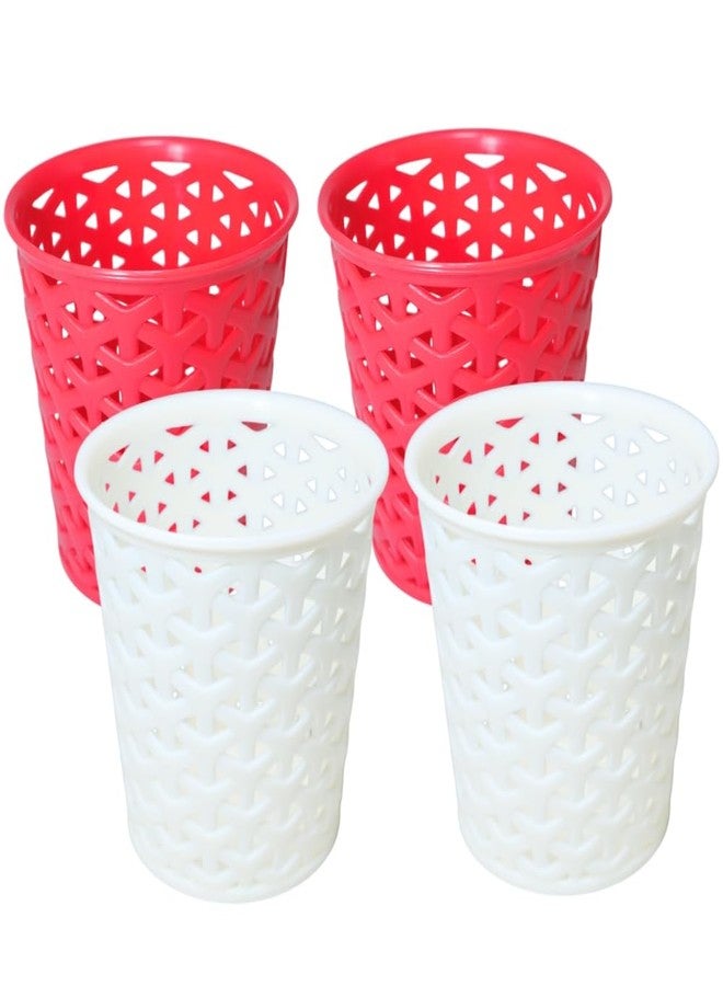 MORVI Linea Small Round Plastic Multipurpose Organizer For Kitchen, Bathroom, Salon, Office|Stationery,Cutlery,Pen,Makeup Brushes Holder|Hanging Toothbrush Stand |Pack Of 4 | RED WHITE - Image 1