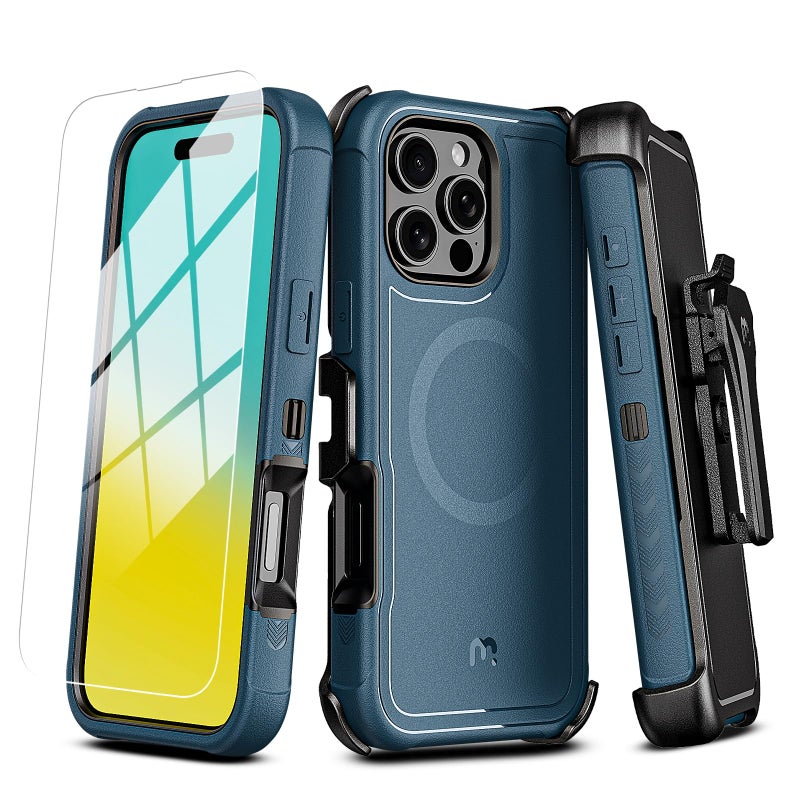 M MYBAT PRO Maverick Series for iPhone 16 Pro Max Case with Belt Clip Holster,[Compatible with Magsafe] w/Screen Protector,Anti-Drop,Shockproof,with 360Â°Rotating Kickstand,Heavy Duty Protection Blue - Image 1