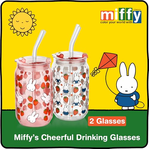 Dragon Glassware Miffy 16 oz Drinking Glasses Set of 2 - Glass Cups with Lids and Straws - Iced Coffee Cups with Lids - Reusable Glass Tumbler with Straw and Lid - Strawberry - Image 2