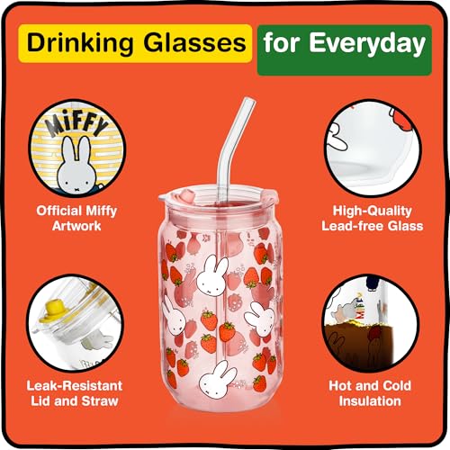 Dragon Glassware Miffy 16 oz Drinking Glasses Set of 2 - Glass Cups with Lids and Straws - Iced Coffee Cups with Lids - Reusable Glass Tumbler with Straw and Lid - Strawberry - Image 5