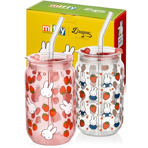 Dragon Glassware Miffy 16 oz Drinking Glasses Set of 2 - Glass Cups with Lids and Straws - Iced Coffee Cups with Lids - Reusable Glass Tumbler with Straw and Lid - Strawberry - Image 1