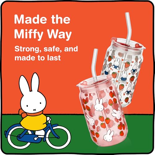 Dragon Glassware Miffy 16 oz Drinking Glasses Set of 2 - Glass Cups with Lids and Straws - Iced Coffee Cups with Lids - Reusable Glass Tumbler with Straw and Lid - Strawberry - Image 4