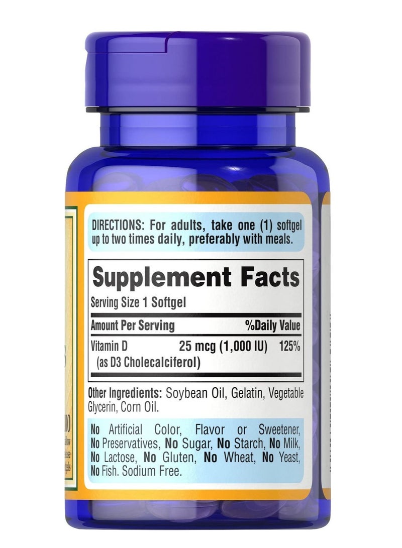 Puritan's Pride فيتامين د3 1000 وحدة دولية جيلاتين طري 100 حبة - Image 2