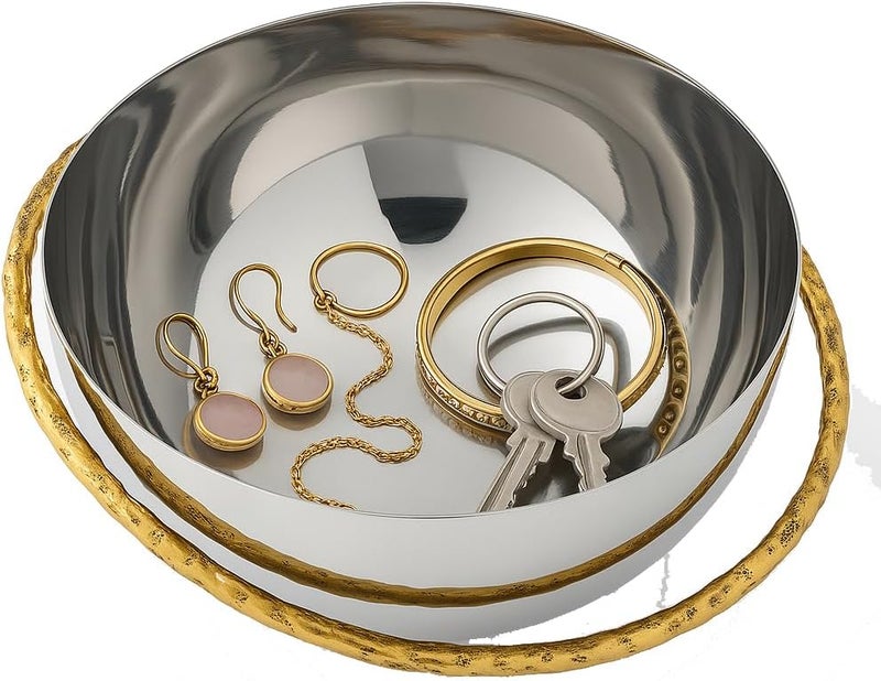 GUTE Decorative Silver Serving Bowl Fruit Catch All Golden Leaf Vine Stainless Steel Metal  Brass Gold Leaves Trim Accent Basket Fruit Potpourri Living Dining Room Table Home Decor 7 L 6 W - Image 1