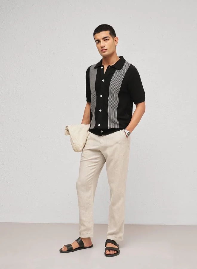 ساسافراس Men Black Striped Knitted Polo Shirt