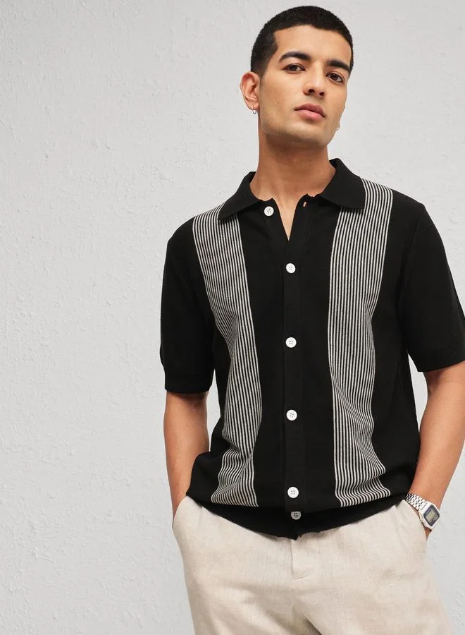 ساسافراس Men Black Striped Knitted Polo Shirt
