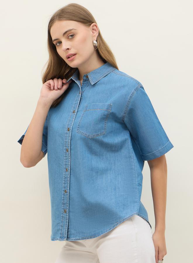 Styli Women Blue Denim Short Sleeve Shirt - Image 2