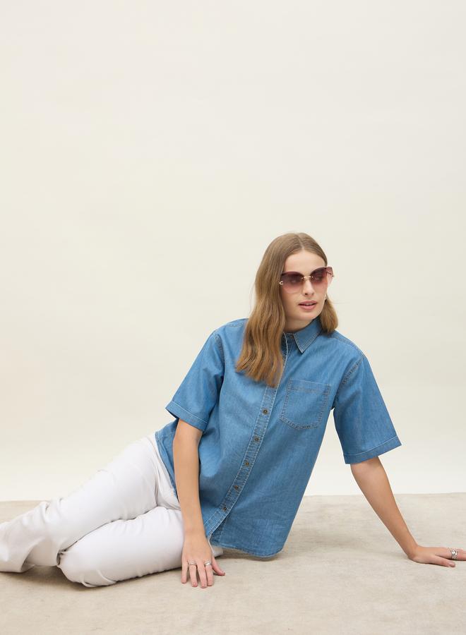 Styli Women Blue Denim Short Sleeve Shirt - Image 5