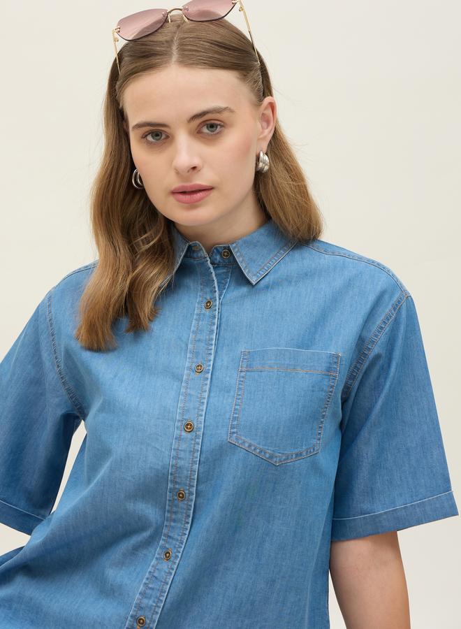 Styli Women Blue Denim Short Sleeve Shirt - Image 3