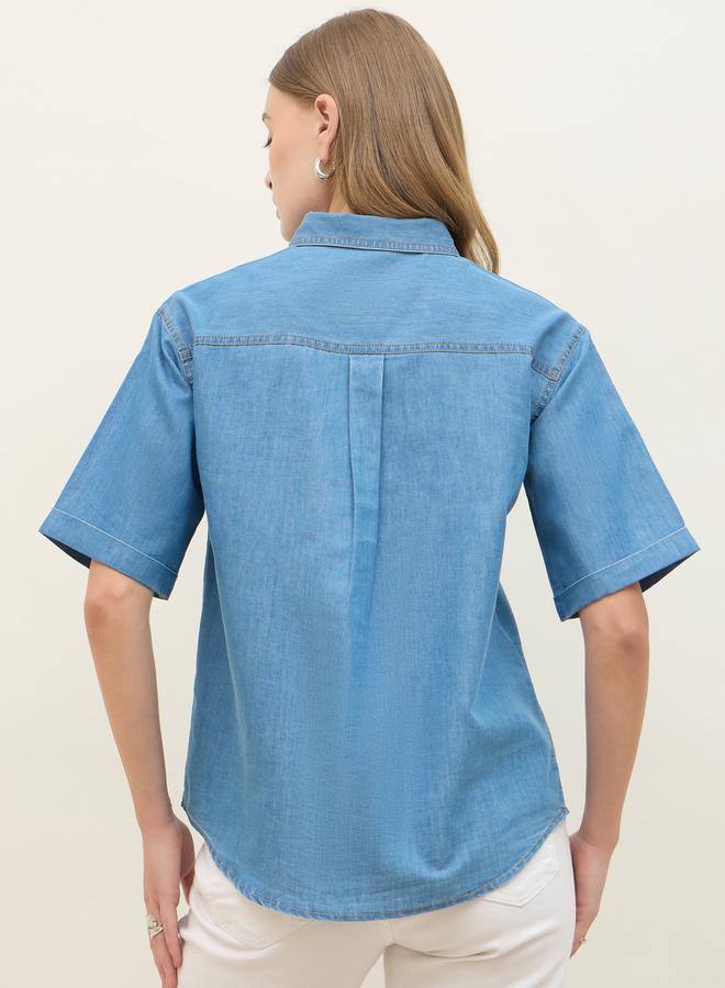 Styli Women Blue Denim Short Sleeve Shirt - Image 4