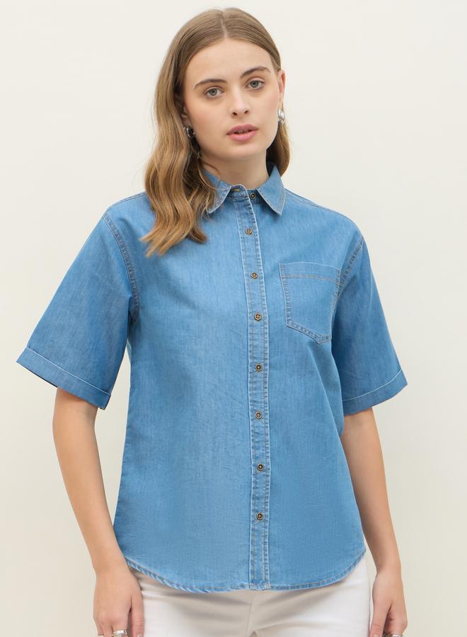 Styli Women Blue Denim Short Sleeve Shirt - Image 1