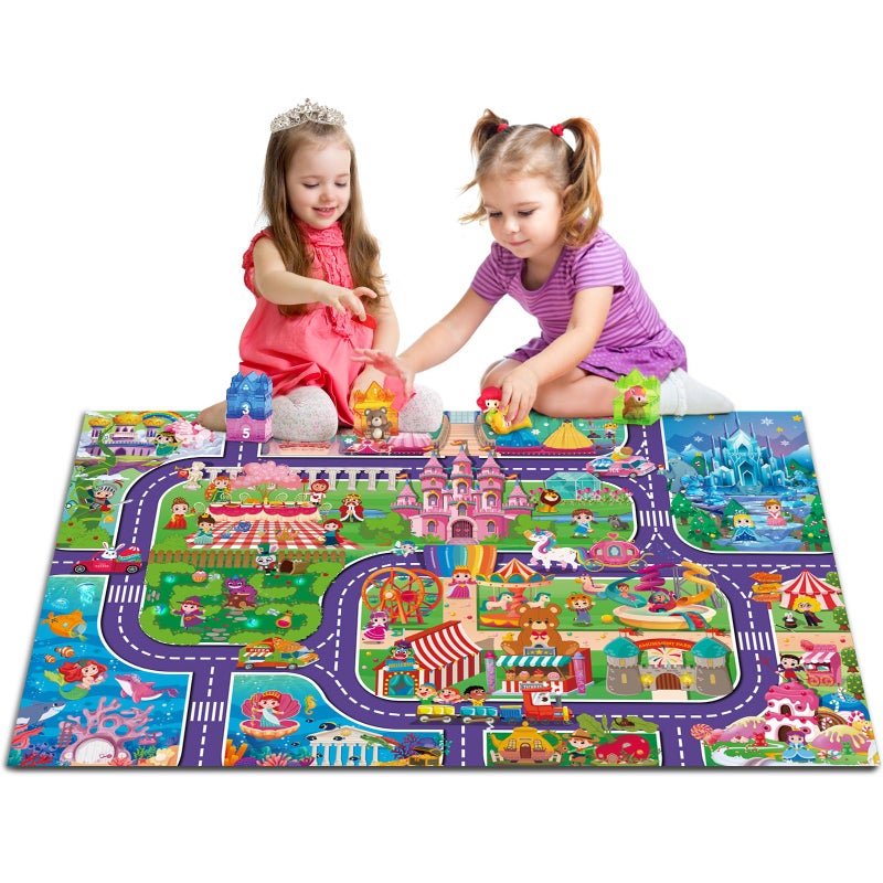Oriate Kids Dream Mat Girls Toy Car Playmat Princess Castle Girl Pink Kids Play mat ParentKid Interaction Pretend Game for Playroom Bedroom Floor Ideal Girl Toys Play and Learn - Image 3