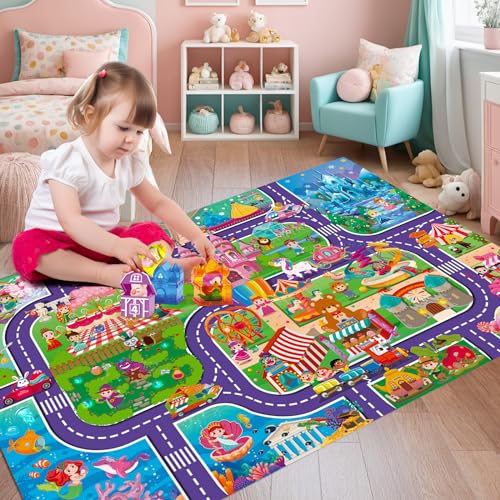 Oriate Kids Dream Mat Girls Toy Car Playmat Princess Castle Girl Pink Kids Play mat ParentKid Interaction Pretend Game for Playroom Bedroom Floor Ideal Girl Toys Play and Learn - Image 5