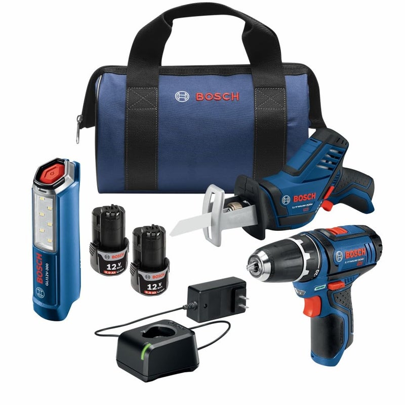 BOSCH GXL12V310B22 12V Max 3 Tool Power Tool Combo Kit Compact Cordless Drill Driver Pocket Reciprocating Saw and LED Worklight Set Includes 2 Batteries Charger Bag