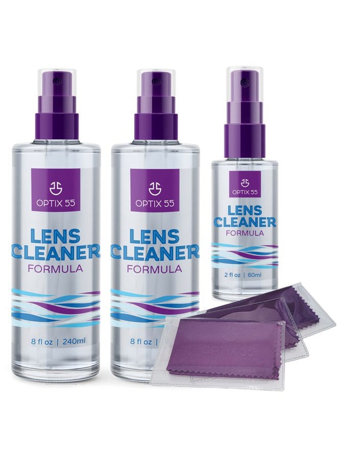 Optix 55 Lens Cleaner Spray Kit - Alcohol & Ammonia Free | (2) 8oz + (1) 2oz Eye Glasses (3) Microfiber Cloths Safe for Eyeglasses, Lenses Screens Streak-Free, Unscented (18 Fl Oz)  - Image 1