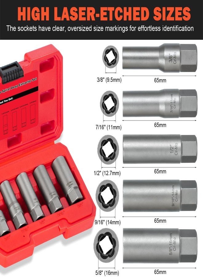 Bornpye 5PCS Deep Bolt Extractor Kit, Easy Out Spark Plug Extractor Socket Set, Ez Out Lug Nut Removal Tool for Removing Deeply Trapped Stripped, Broken, Damaged Hexagon Bolts, Threaded Pipes Stud & Screw - Image 2