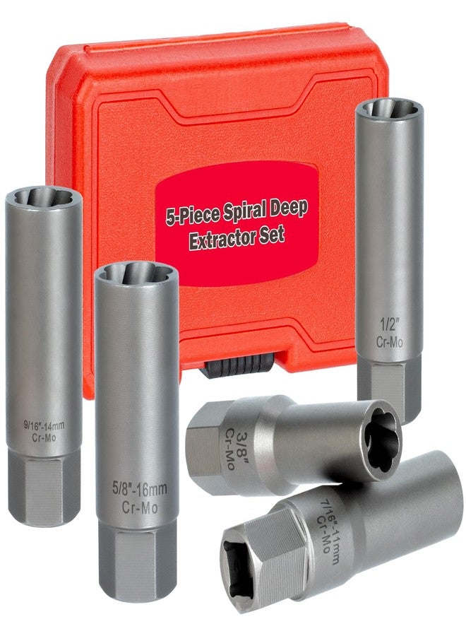 Bornpye 5PCS Deep Bolt Extractor Kit, Easy Out Spark Plug Extractor Socket Set, Ez Out Lug Nut Removal Tool for Removing Deeply Trapped Stripped, Broken, Damaged Hexagon Bolts, Threaded Pipes Stud & Screw - Image 1