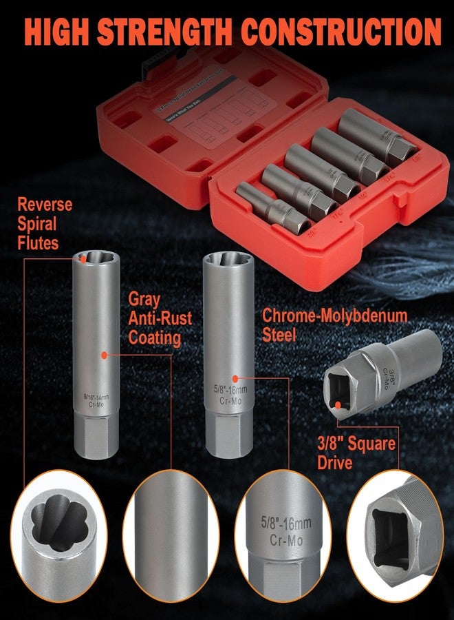 Bornpye 5PCS Deep Bolt Extractor Kit, Easy Out Spark Plug Extractor Socket Set, Ez Out Lug Nut Removal Tool for Removing Deeply Trapped Stripped, Broken, Damaged Hexagon Bolts, Threaded Pipes Stud & Screw - Image 4