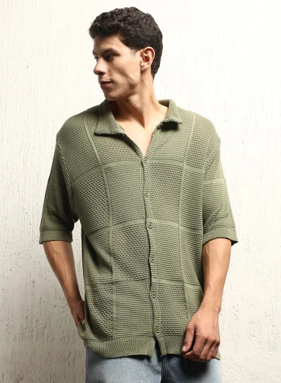 Hubberholme Released Fit Crochet Semi-Sheer Casual Shirt for Men