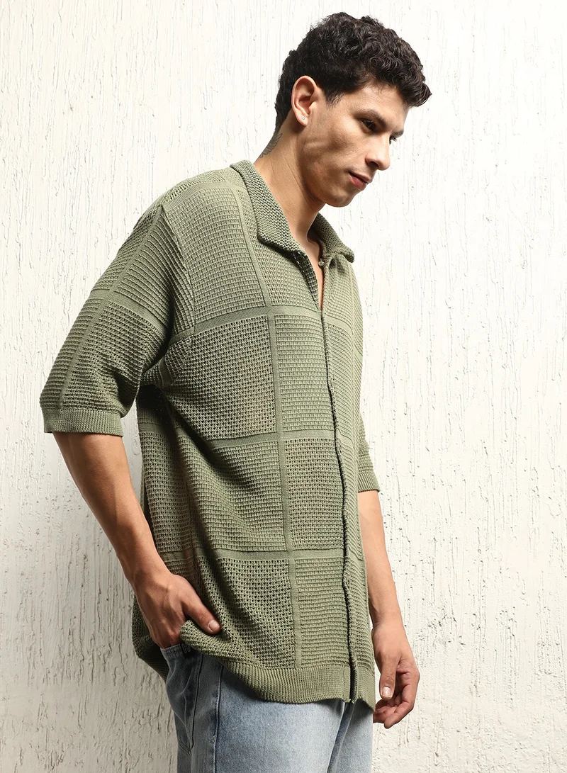 Hubberholme Released Fit Crochet Semi-Sheer Casual Shirt for Men