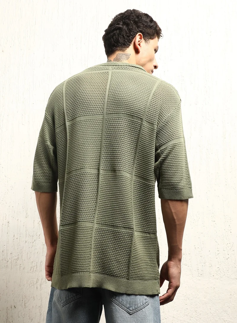 Hubberholme Released Fit Crochet Semi-Sheer Casual Shirt for Men