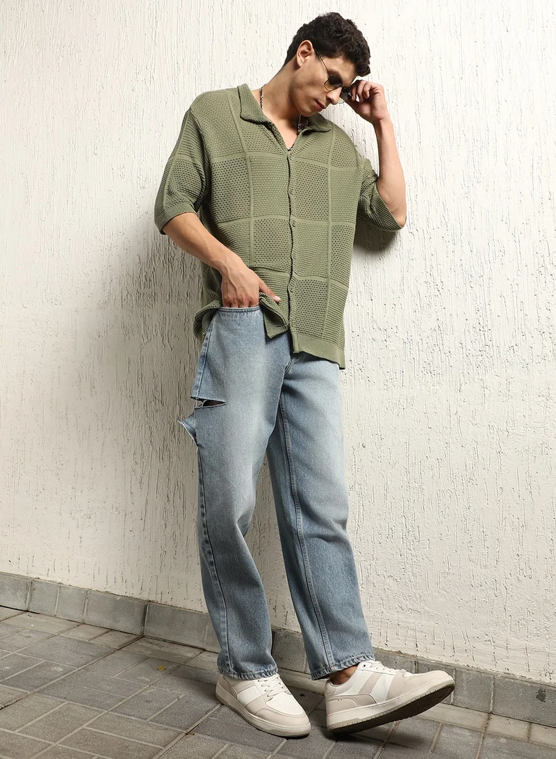 Hubberholme Released Fit Crochet Semi-Sheer Casual Shirt for Men