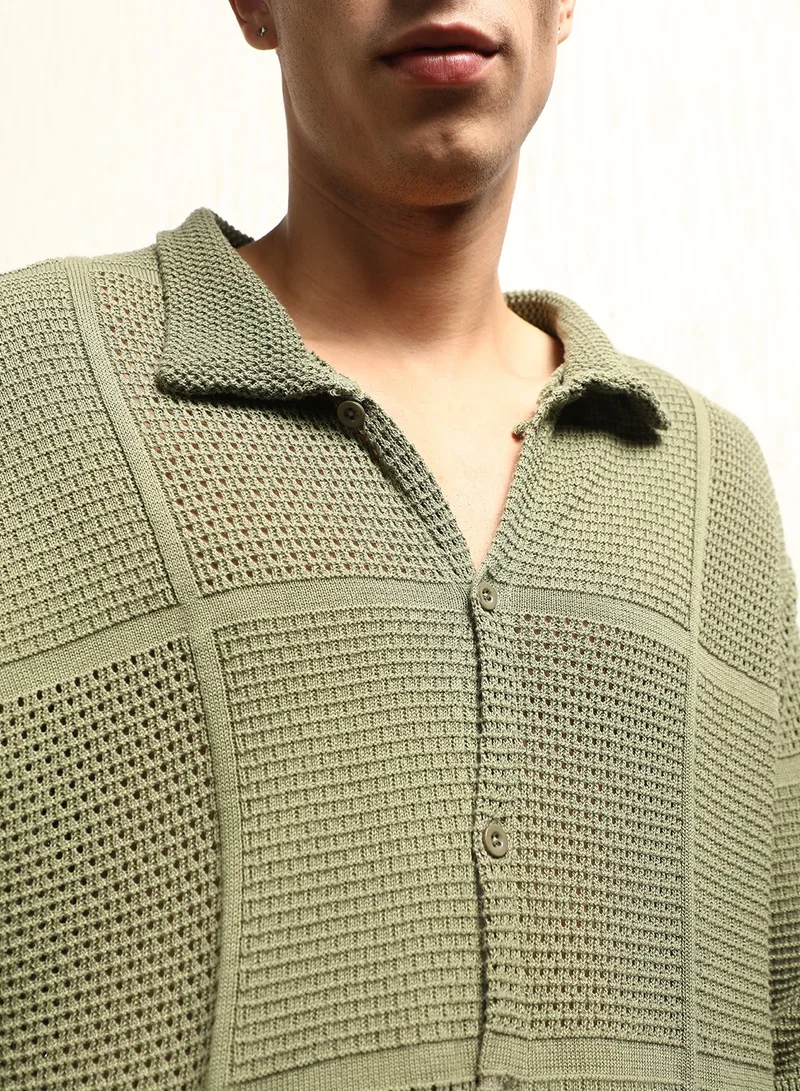 Hubberholme Released Fit Crochet Semi-Sheer Casual Shirt for Men