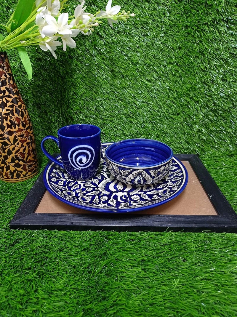 Caffeine Ceramic Handmade Blue mughal Breakfast Set (Set of 3) - Image 1