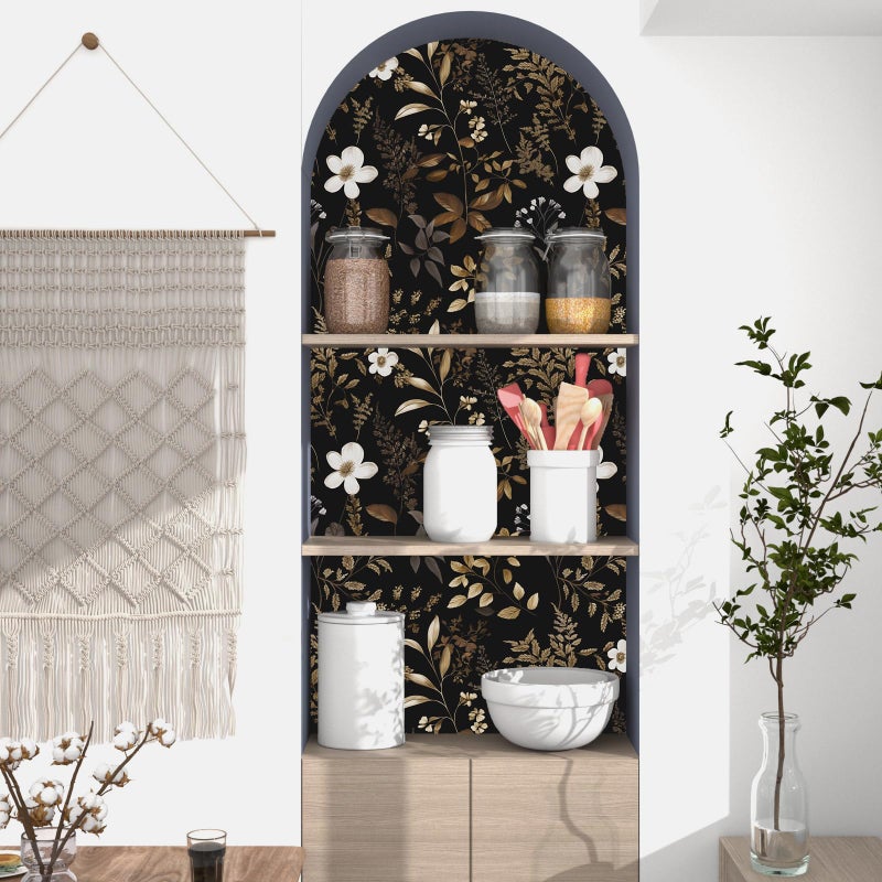 Laatse Boho Floral Wallpaper Peel and Stick Black Gold Wallpapers 17.5'' x 393'' Vintage Gold Leaf Contact Paper for Cabinets Waterproof Self Adhesive Removable Wall Paper for Kitchen Table Countertop Walls - Image 4