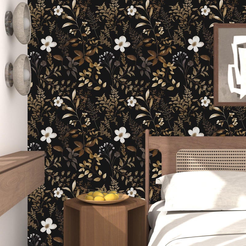Laatse Boho Floral Wallpaper Peel and Stick Black Gold Wallpapers 17.5'' x 393'' Vintage Gold Leaf Contact Paper for Cabinets Waterproof Self Adhesive Removable Wall Paper for Kitchen Table Countertop Walls - Image 5