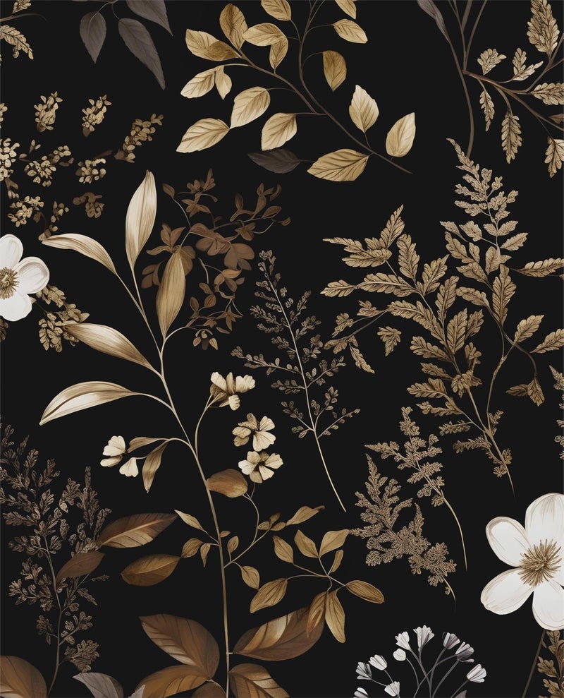 Laatse Boho Floral Wallpaper Peel and Stick Black Gold Wallpapers 17.5'' x 393'' Vintage Gold Leaf Contact Paper for Cabinets Waterproof Self Adhesive Removable Wall Paper for Kitchen Table Countertop Walls - Image 1