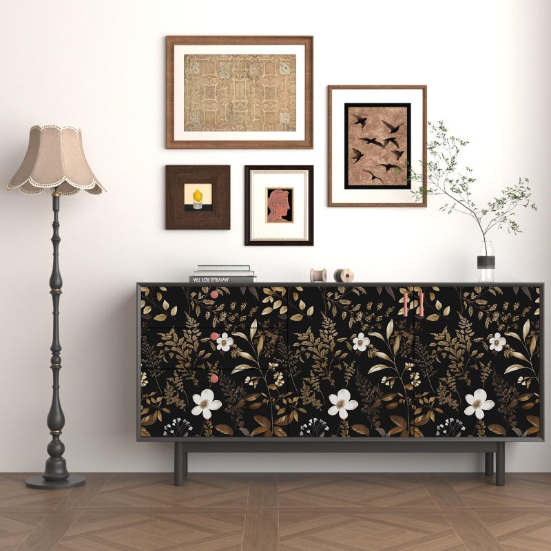 Laatse Boho Floral Wallpaper Peel and Stick Black Gold Wallpapers 17.5'' x 393'' Vintage Gold Leaf Contact Paper for Cabinets Waterproof Self Adhesive Removable Wall Paper for Kitchen Table Countertop Walls - Image 2