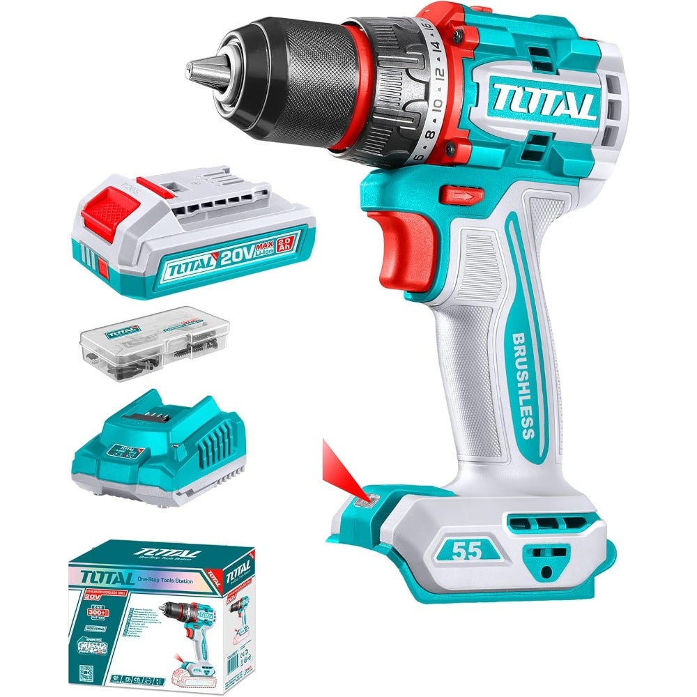 Cordless drill driver for DIY and home repair, brushless motor, 20V, 55Nm torque, 13mm metal chuck, black and gray, includes 2.0Ah battery, charger, 47-piece accessories