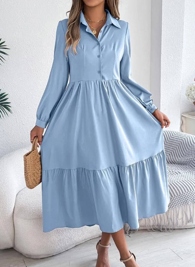 Take Two Light Blue A-Line Midi Dress with Long Sleeves