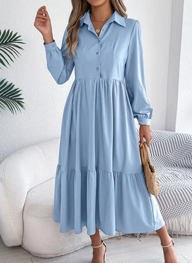 Take Two Light Blue A-Line Midi Dress with Long Sleeves